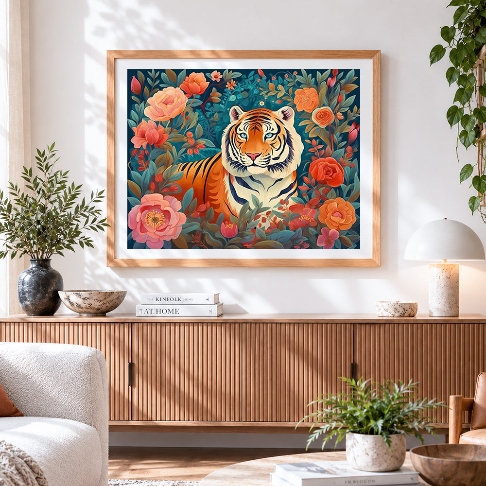 Finished majestic tiger among flowers cross stitch artwork displayed