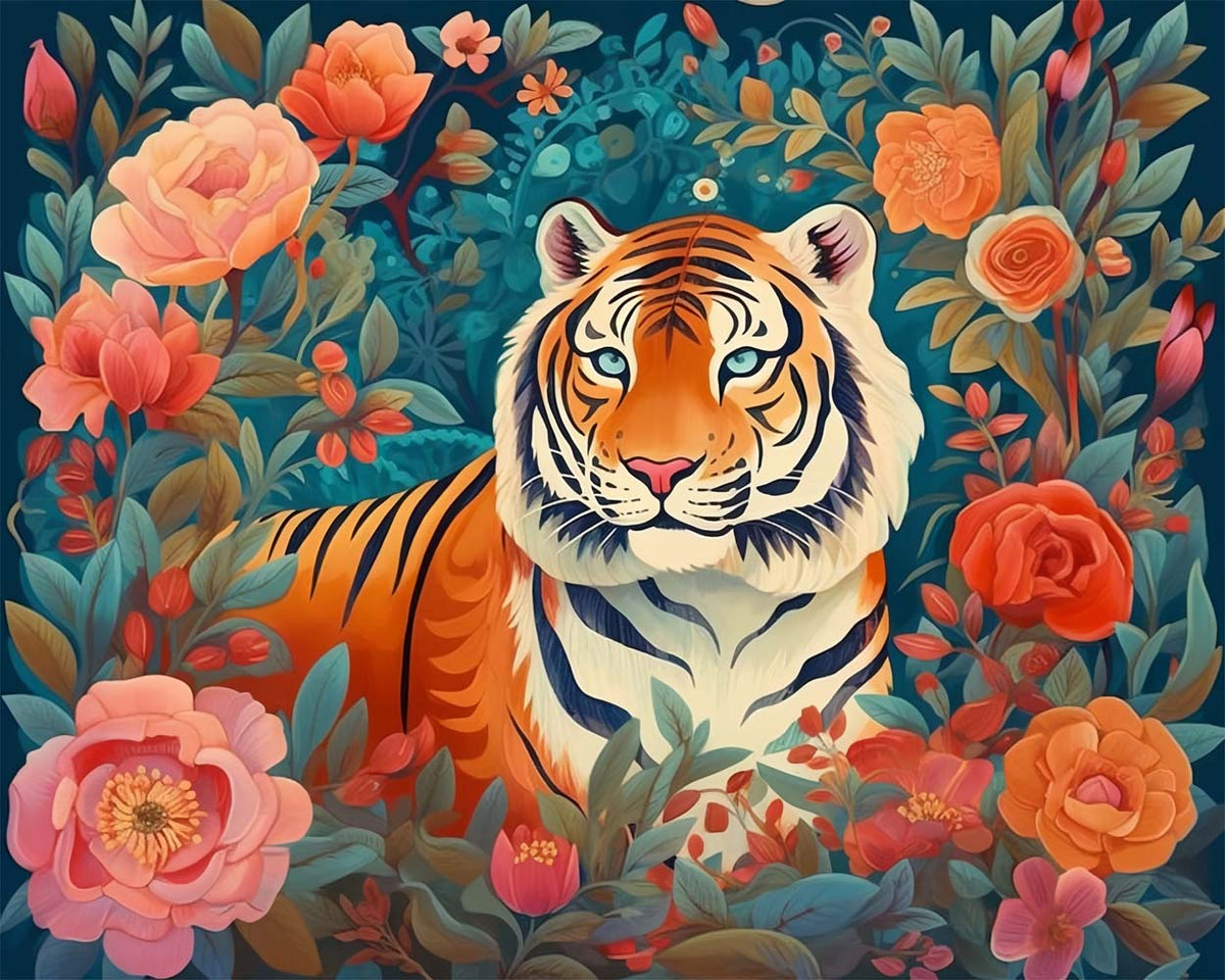 Majestic tiger among flowers cross stitch kit for beginners