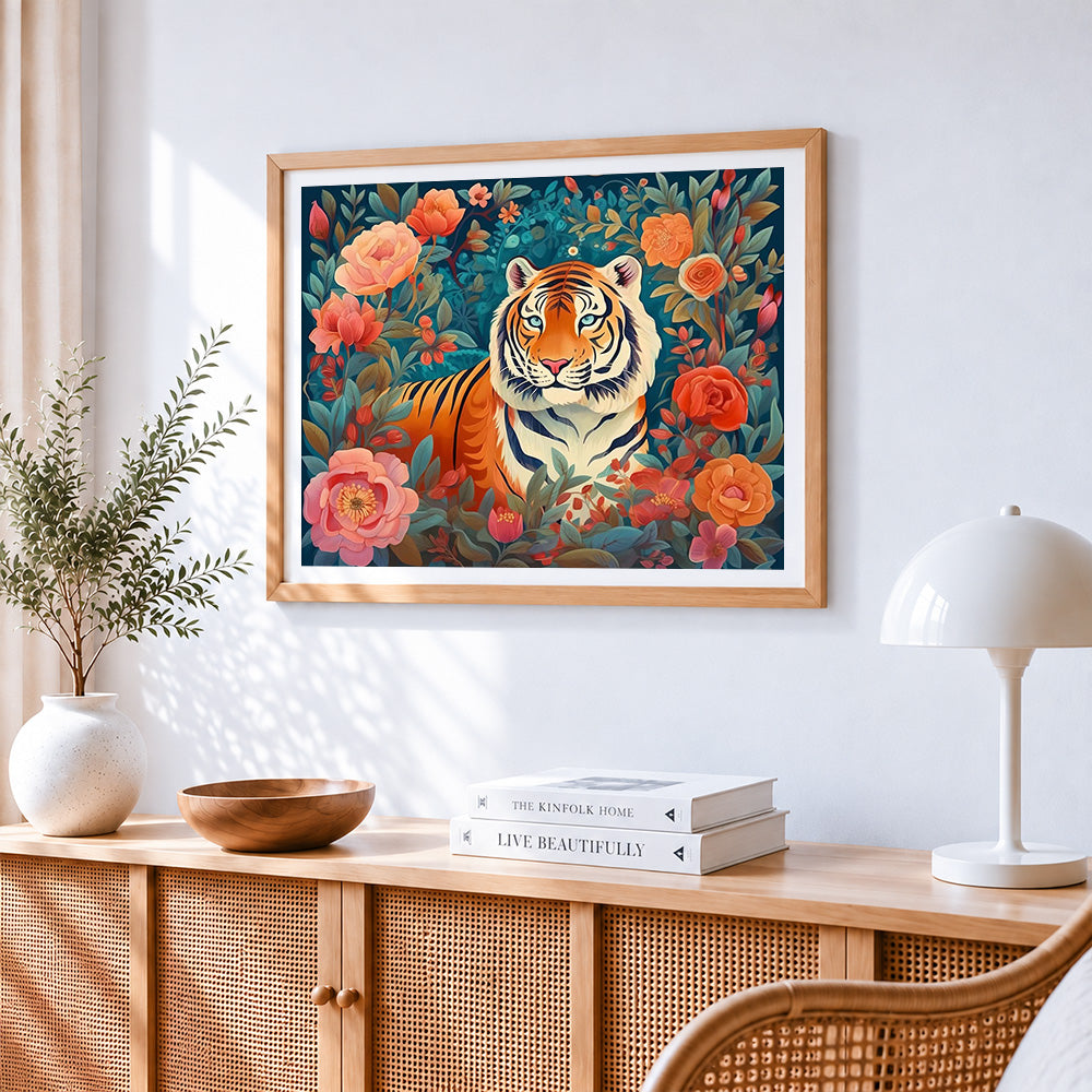 Majestic tiger among flowers cross stitch artwork displayed on wall as home decor