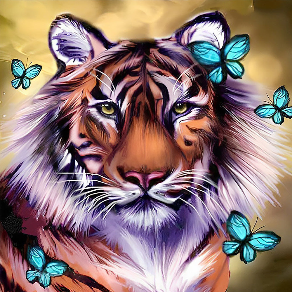 Majestic tiger and teal butterflies cross stitch kit for beginners