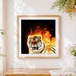 Finished majestic tiger in fire and flames cross stitch artwork displayed