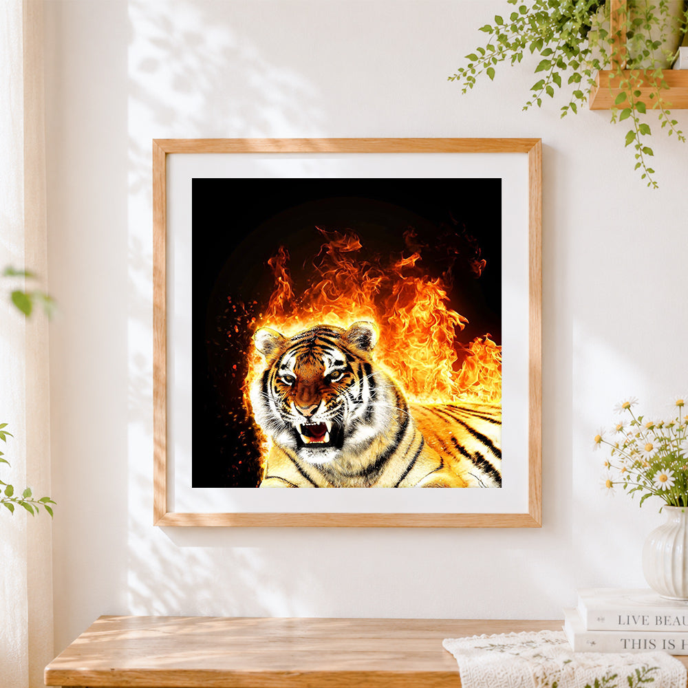 Finished majestic tiger in fire and flames cross stitch artwork displayed
