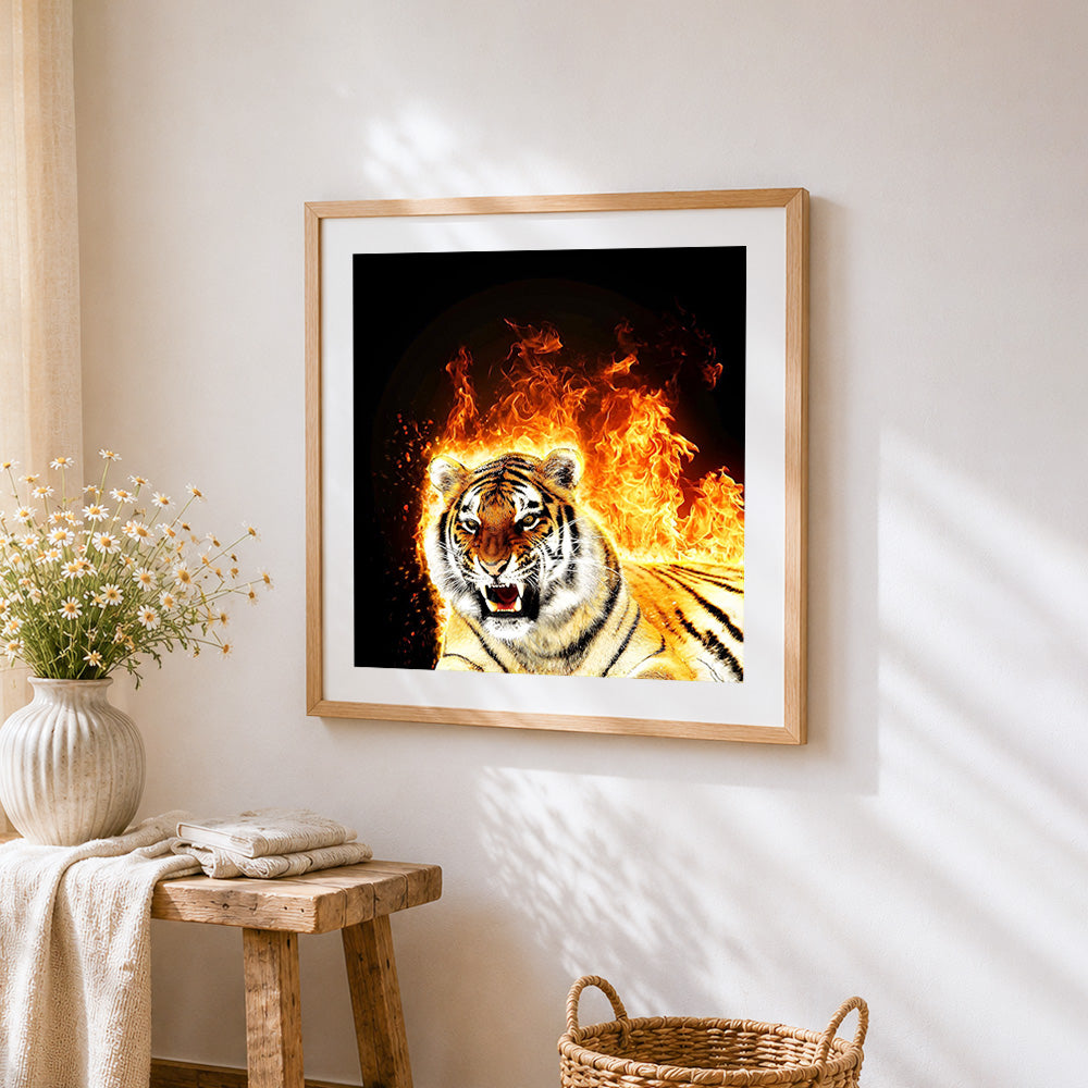 Majestic tiger in fire and flames cross stitch artwork displayed on wall as home decor