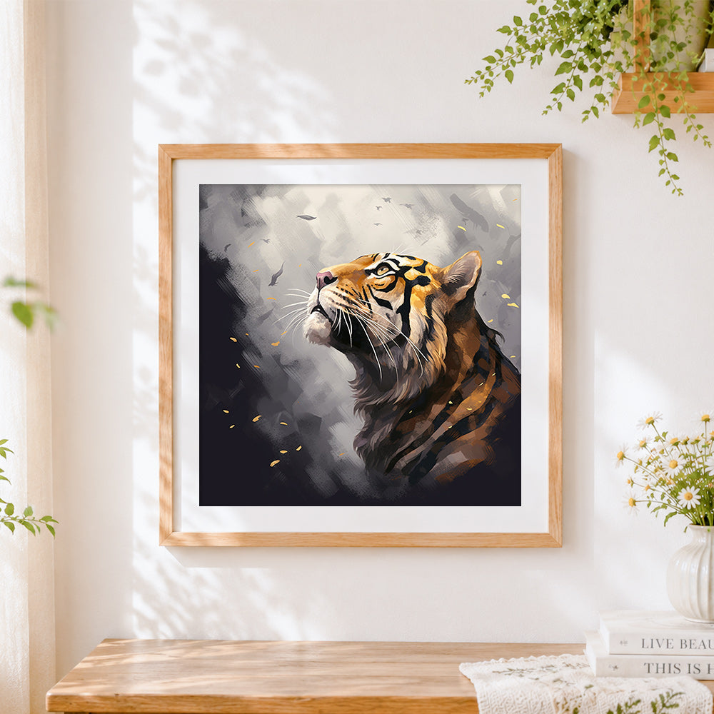 Finished majestic tiger looking up cross stitch artwork displayed