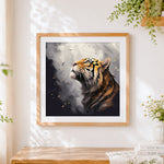 Finished majestic tiger looking up cross stitch artwork displayed
