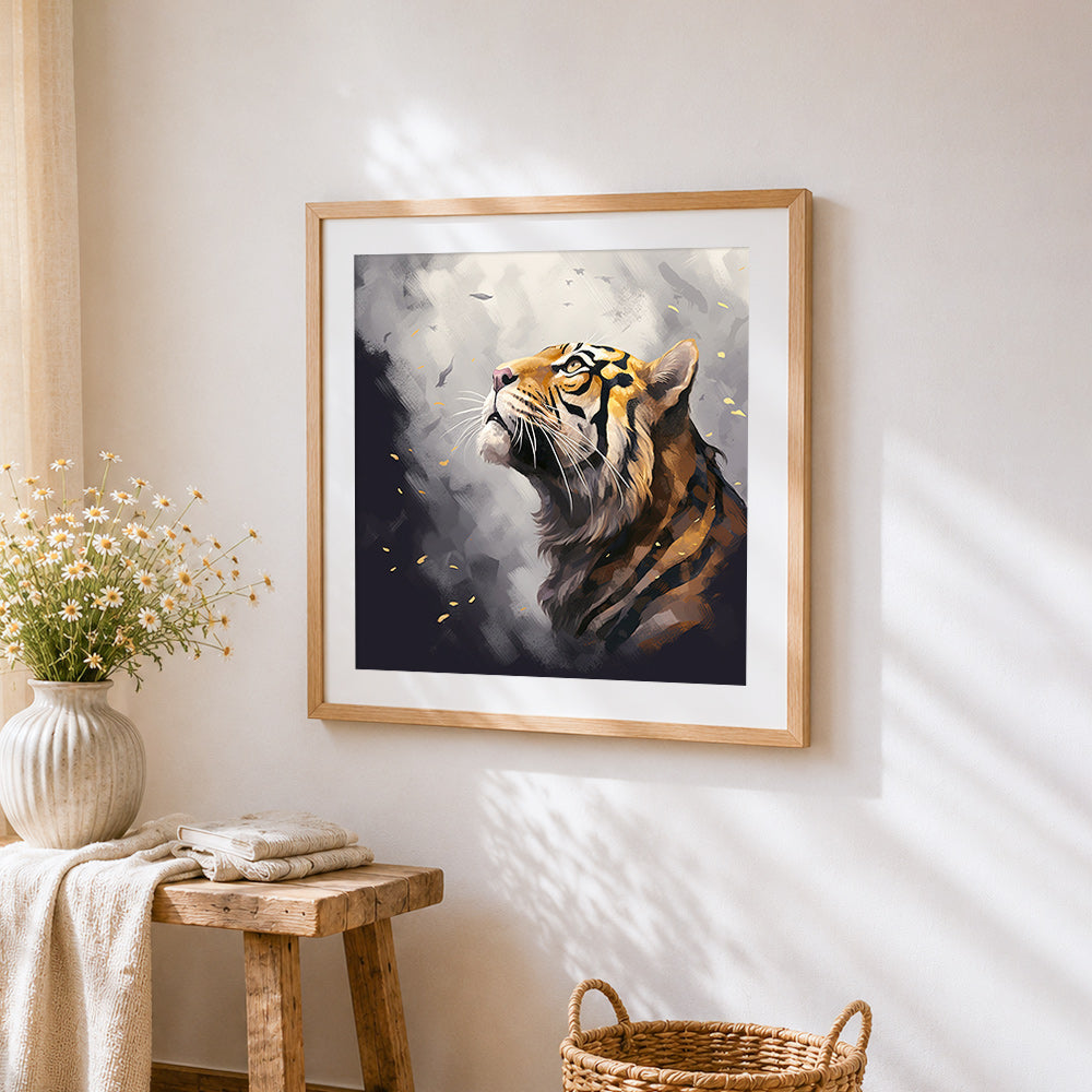 Majestic tiger looking up cross stitch artwork displayed on wall as home decor