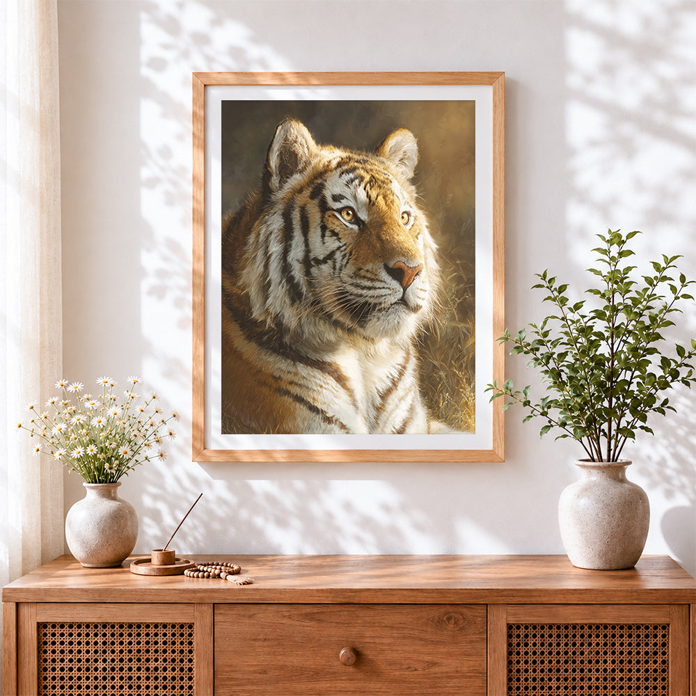 Finished majestic tiger portrait cross stitch artwork displayed