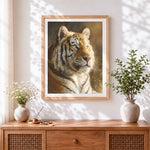 Finished majestic tiger portrait cross stitch artwork displayed