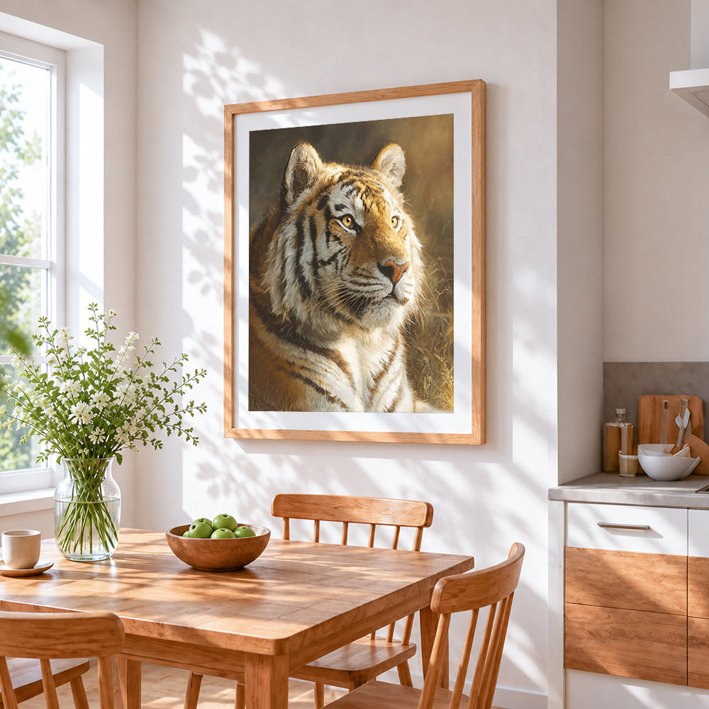 Majestic tiger portrait cross stitch artwork displayed on wall as home decor
