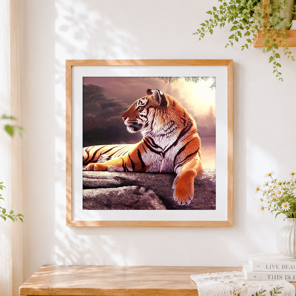 Finished majestic tiger resting at sunset cross stitch artwork displayed