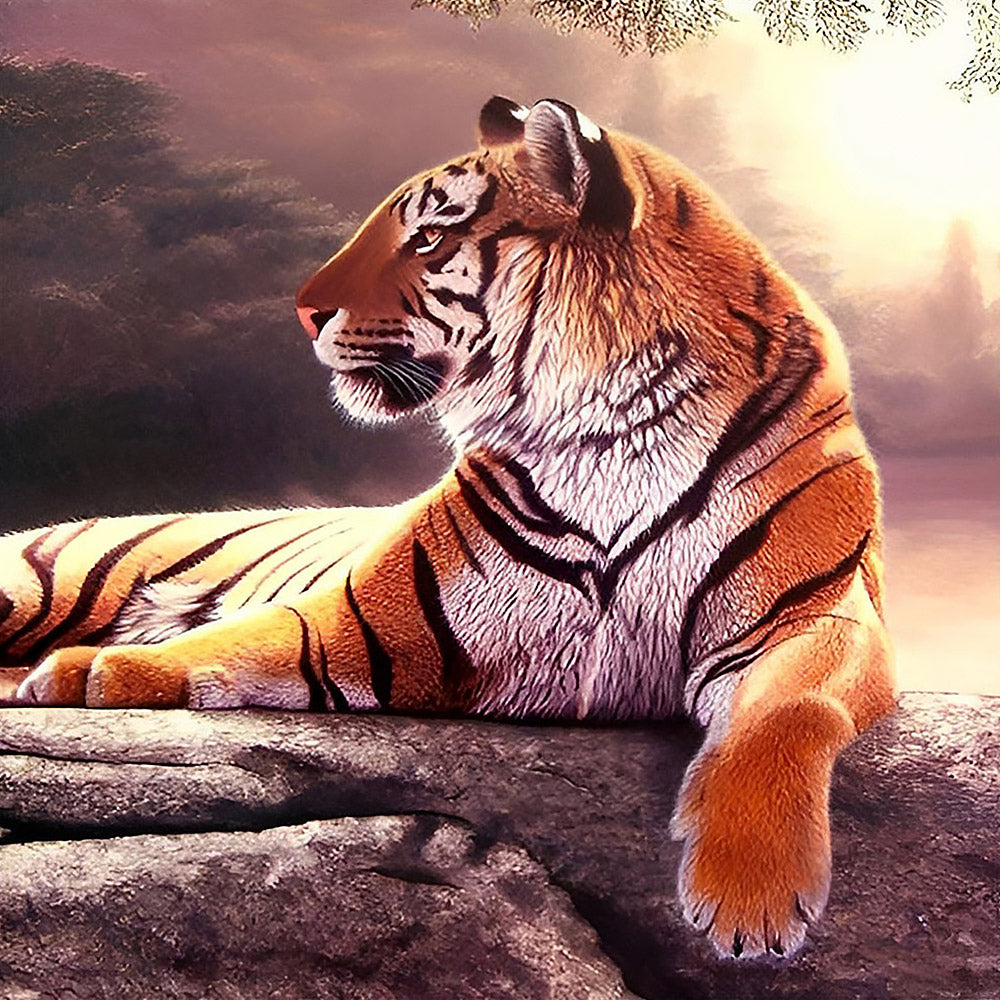 Majestic tiger resting at sunset cross stitch kit for beginners