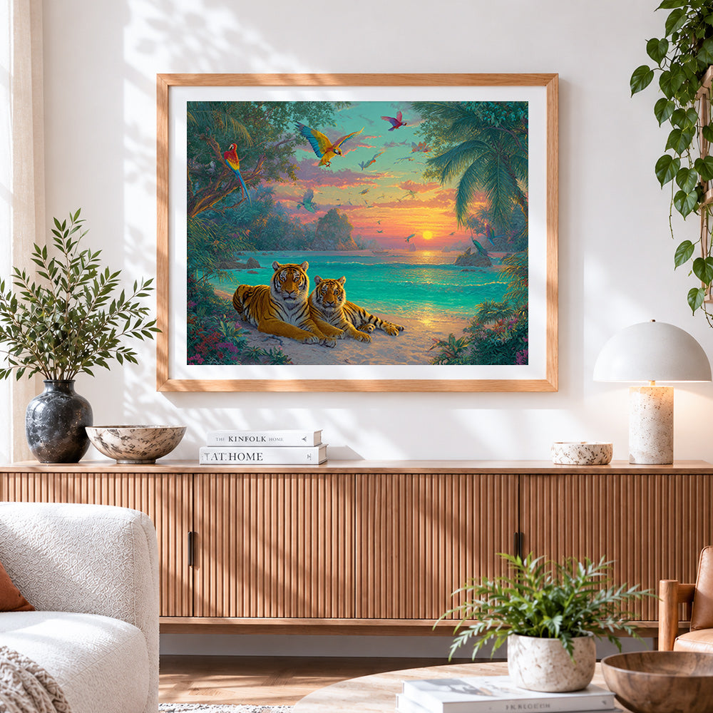 Finished majestic tigers on a tropical beach at sunset cross stitch artwork displayed