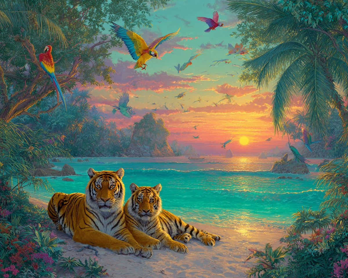 Majestic tigers on a tropical beach at sunset cross stitch kit for beginners
