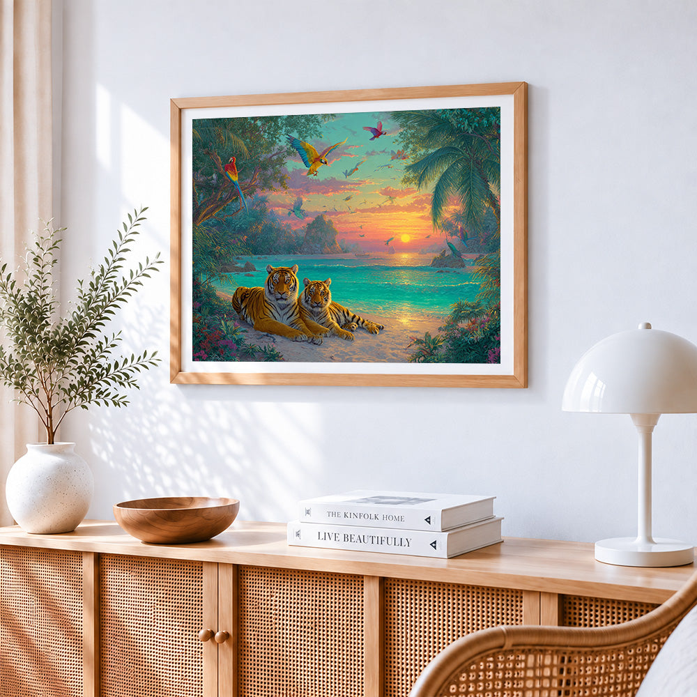Majestic tigers on a tropical beach at sunset cross stitch artwork displayed on wall as home decor