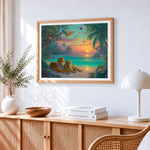 Majestic tigers on a tropical beach at sunset cross stitch artwork displayed on wall as home decor