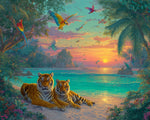 Majestic tigers on a tropical beach at sunset paint by numbers kit for beginners