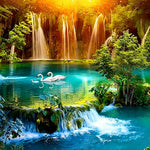Majestic waterfalls with swimming swans cross stitch kit for beginners