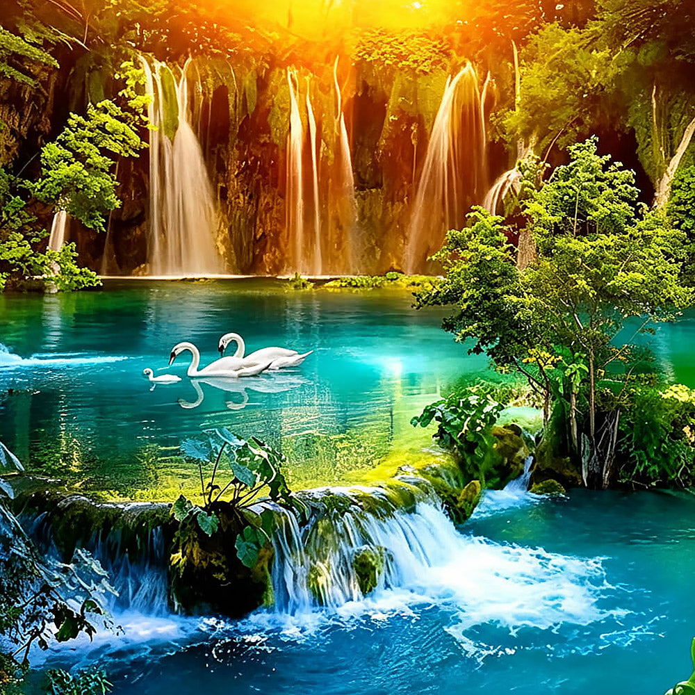 Majestic waterfalls with swimming swans cross stitch kit for beginners