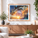Finished majestic wave at sunset paint by numbers artwork displayed as home decor