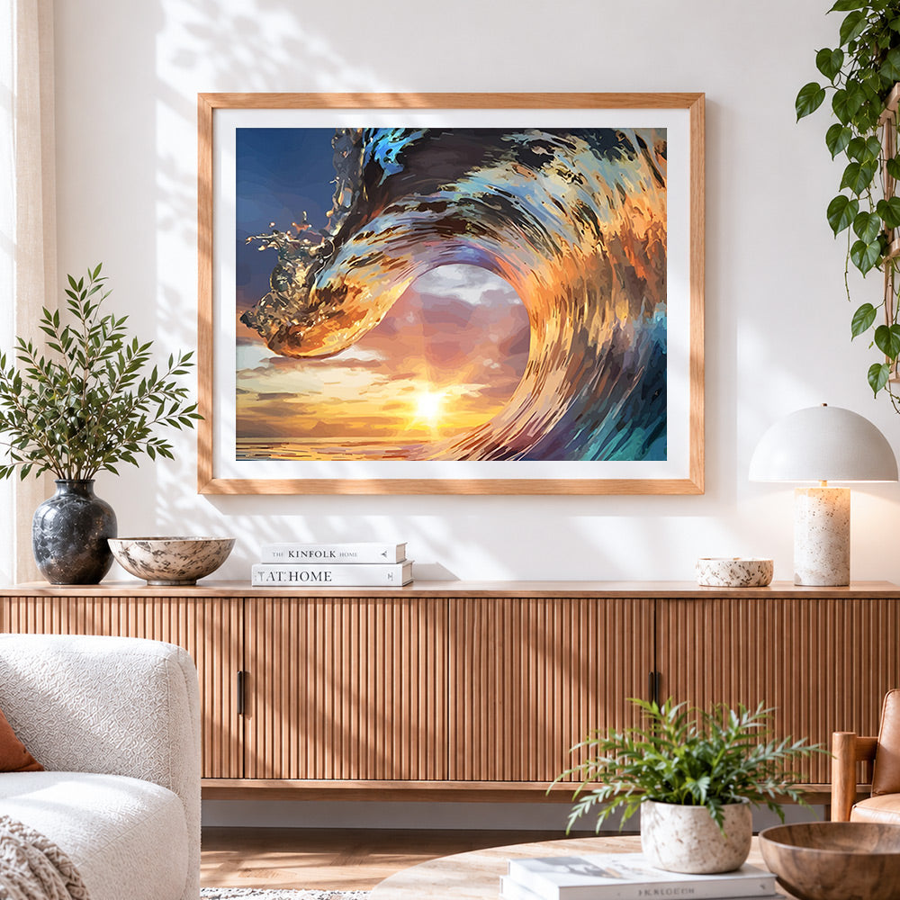 Finished majestic wave at sunset paint by numbers artwork displayed as home decor