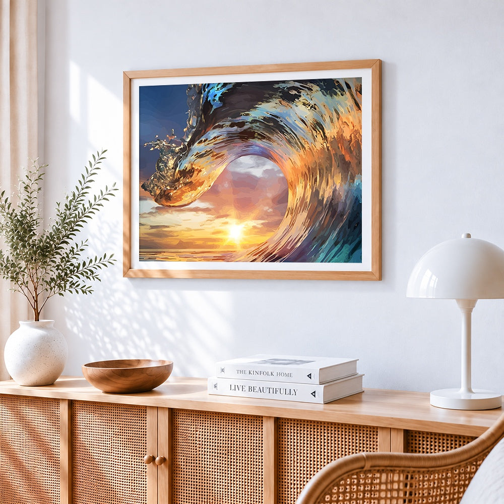 Majestic wave at sunset paint by numbers artwork displayed on wall as home decor