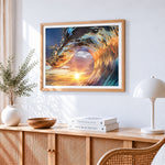 Majestic wave at sunset paint by numbers artwork displayed on wall as home decor