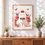 Finished majestic white cat with crown cross stitch artwork displayed