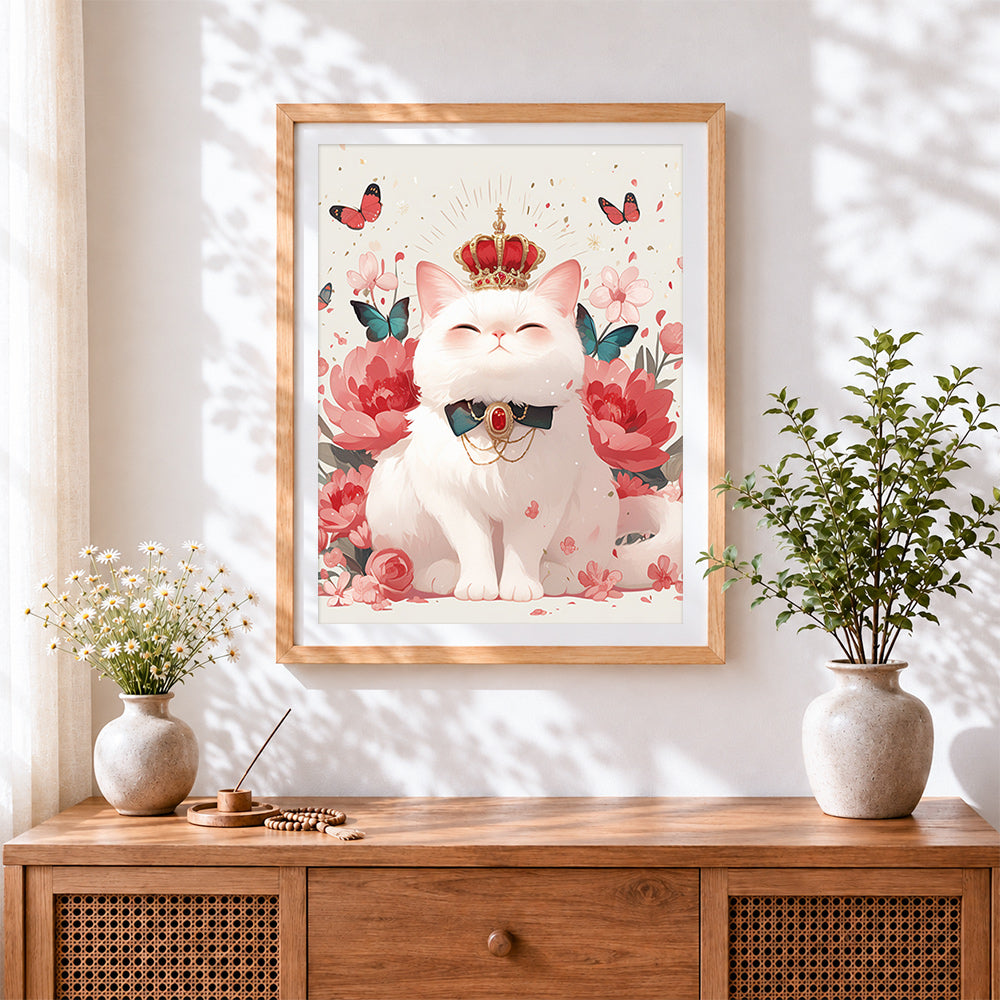 Finished majestic white cat with crown cross stitch artwork displayed