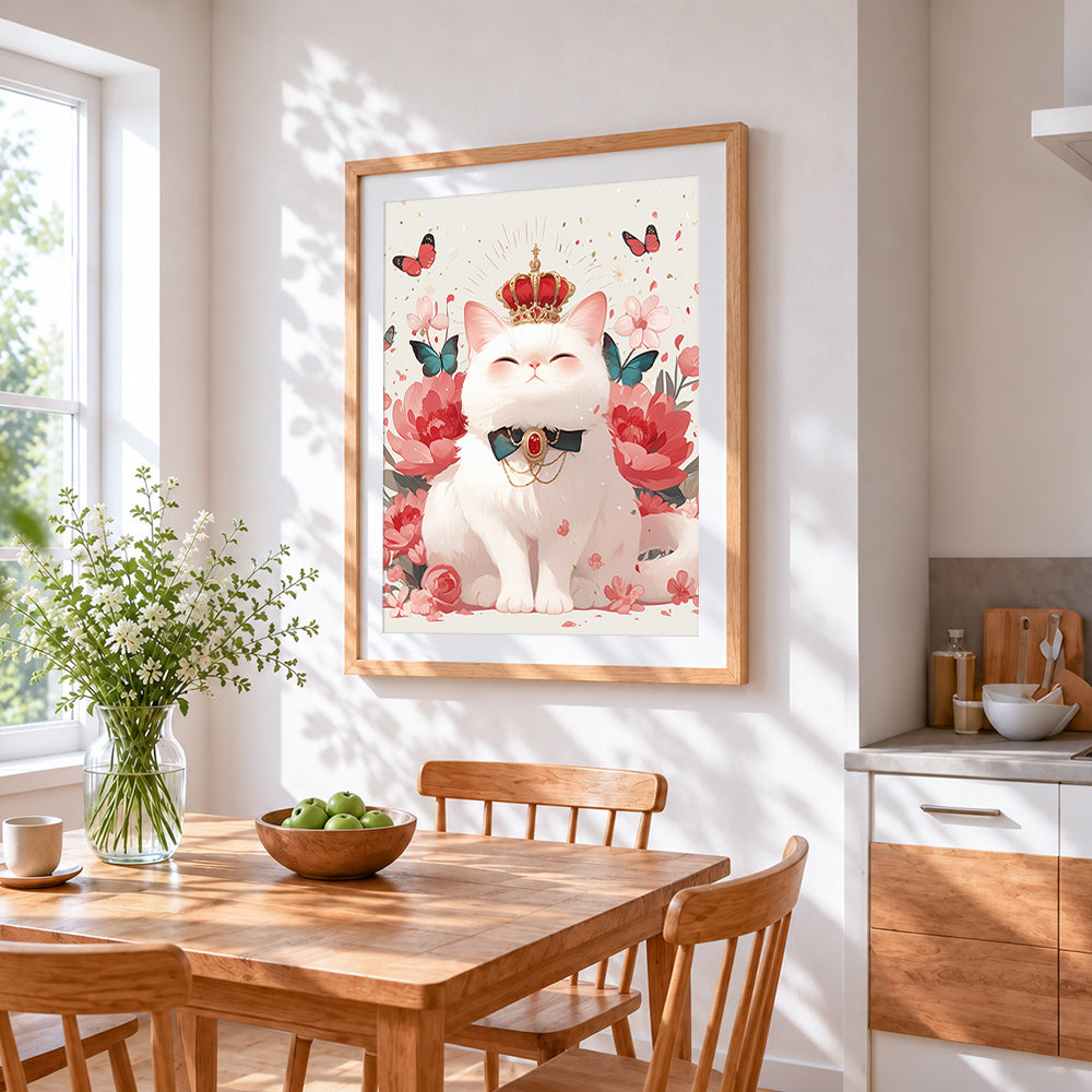 Majestic white cat with crown cross stitch artwork displayed on wall as home decor