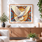 Finished majestic white dove with stained glass cross stitch artwork displayed