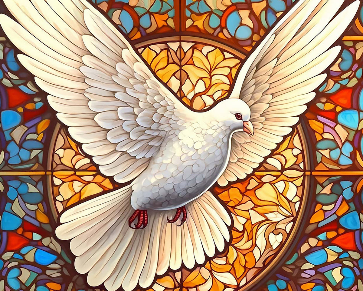 Majestic white dove with stained glass cross stitch kit for beginners