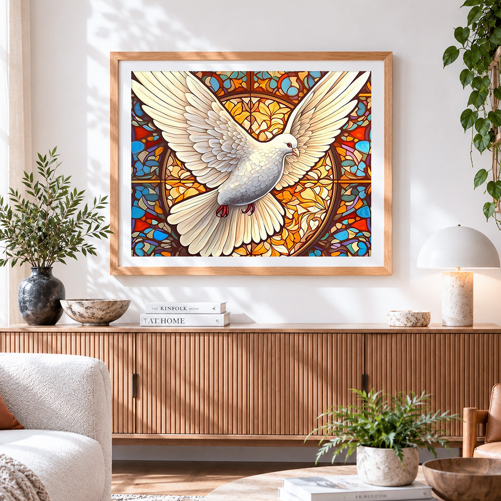 Finished majestic white dove with stained glass paint by numbers artwork displayed as home decor