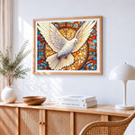 Majestic white dove with stained glass paint by numbers artwork displayed on wall as home decor