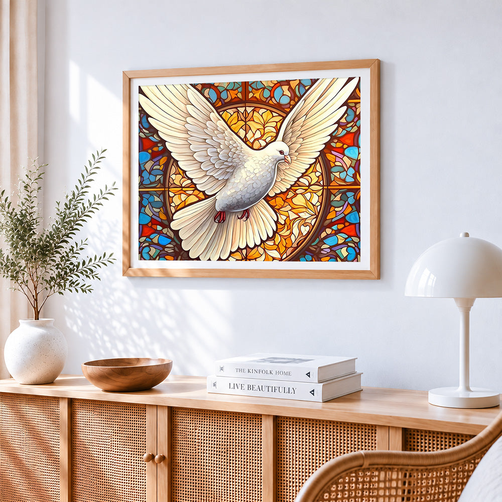 Majestic white dove with stained glass paint by numbers artwork displayed on wall as home decor