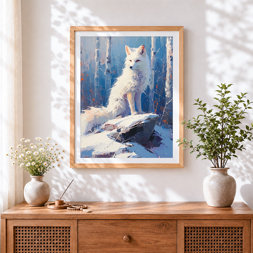 Finished majestic white fox in a snowy forest cross stitch artwork displayed