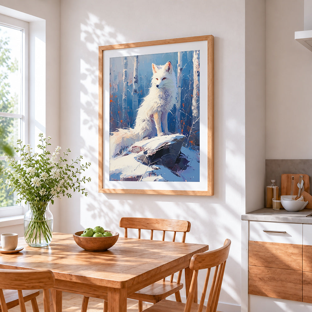 Majestic white fox in a snowy forest cross stitch artwork displayed on wall as home decor