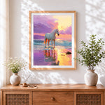 Finished majestic white horse at sunset cross stitch artwork displayed