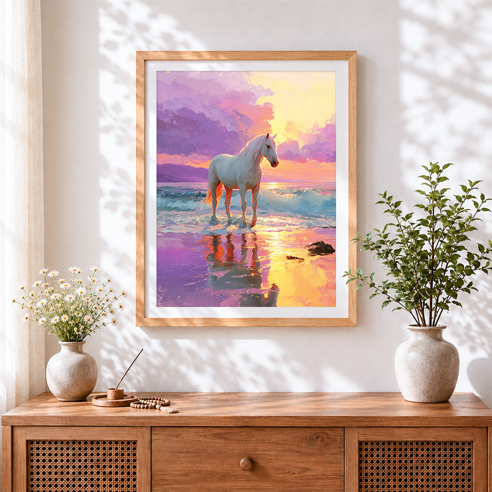 Finished majestic white horse at sunset cross stitch artwork displayed