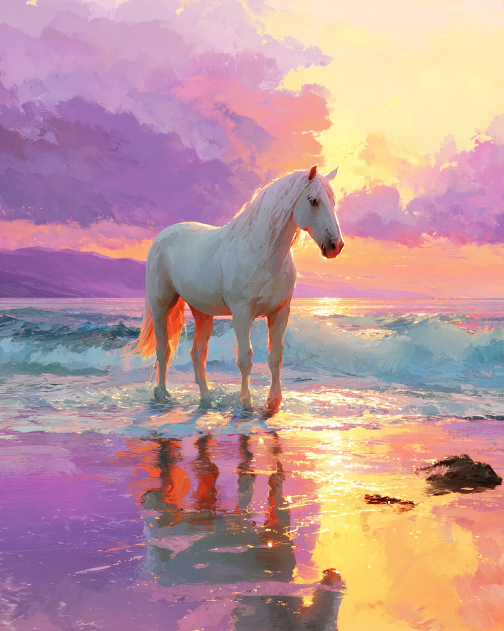 Majestic white horse at sunset cross stitch kit for beginners
