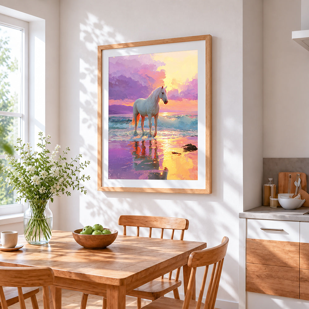 Majestic white horse at sunset cross stitch artwork displayed on wall as home decor
