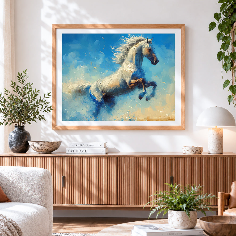 Finished majestic white horse galloping paint by numbers artwork displayed as home decor