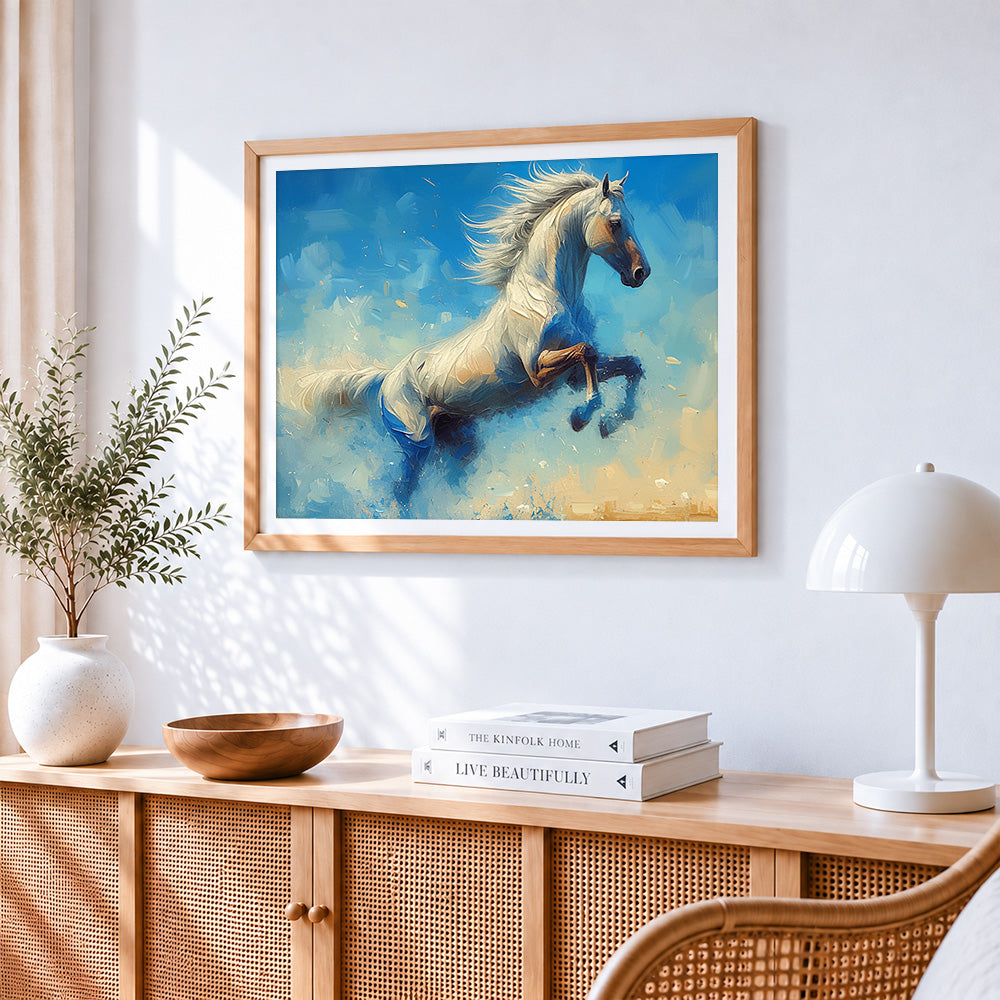 Majestic white horse galloping paint by numbers artwork displayed on wall as home decor