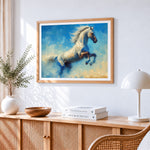 Majestic white horse galloping paint by numbers artwork displayed on wall as home decor