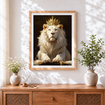 Finished majestic white lion with crown cross stitch artwork displayed