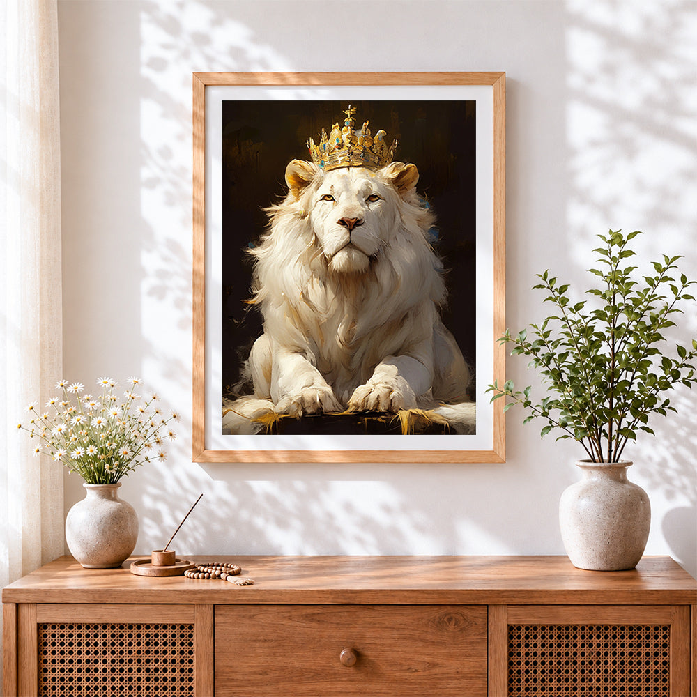 Finished majestic white lion with crown cross stitch artwork displayed