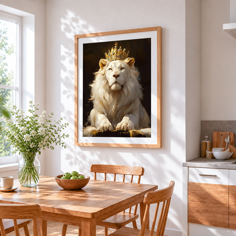 Majestic white lion with crown cross stitch artwork displayed on wall as home decor