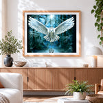 Finished majestic white owl with pentagram cross stitch artwork displayed