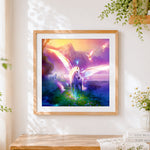 Finished majestic winged unicorn in a magical valley cross stitch artwork displayed