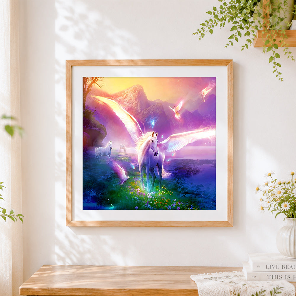 Finished majestic winged unicorn in a magical valley cross stitch artwork displayed