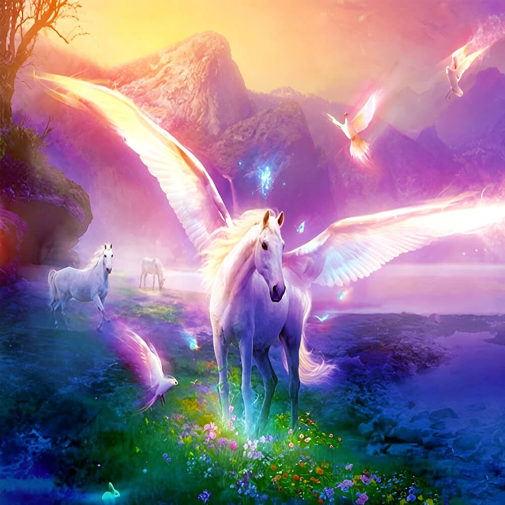 Majestic winged unicorn in a magical valley cross stitch kit for beginners
